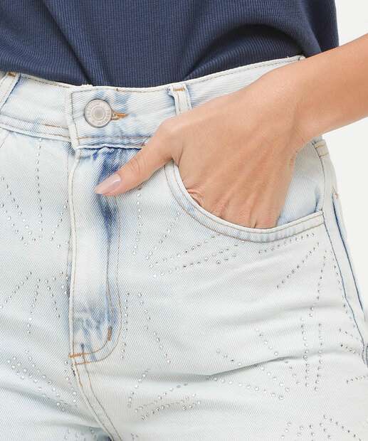Short Jeans Feminino Cintura Alta Strass