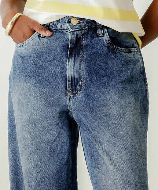 Calça Jeans Wide Leg Feminina Marmorizada Bolsos Marisa