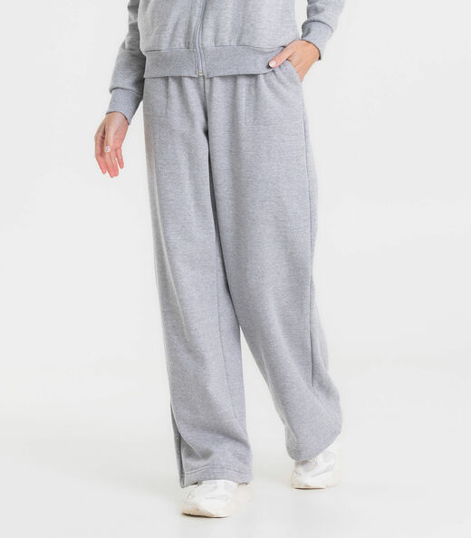 Calça Wide Leg Moletom Peluciado Básico Rovitex Cinza