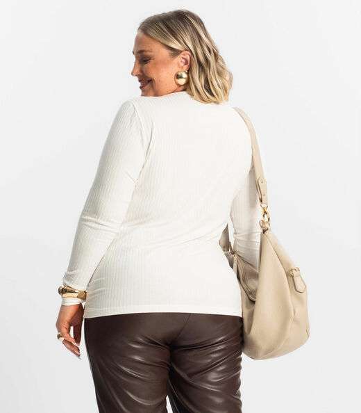 Blusa Plus Size Em Ribana Canelada  Secret Glam Bege