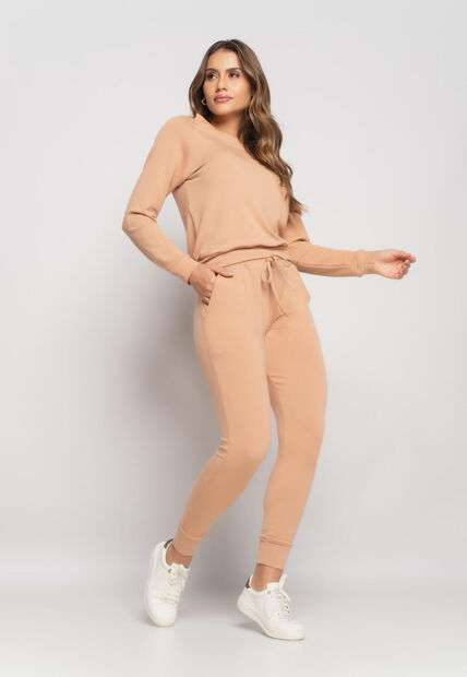 Conjunto De Moletinho Com Casaco Gola Canoa E Calça Jogger Bege Salvatore Fashio