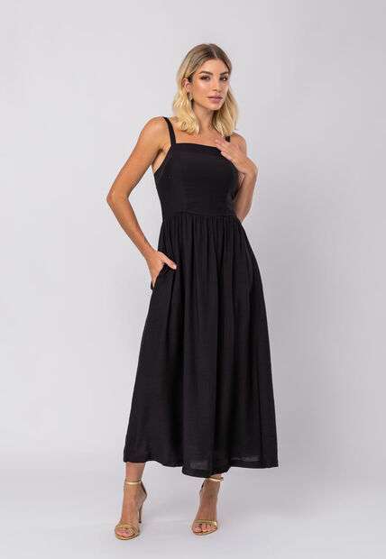 Vestido Midi Alfaiataria Bolsos Preto Salvatore