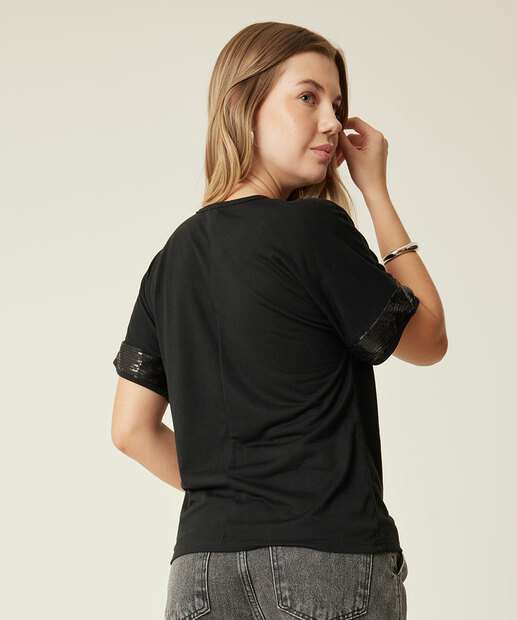 Blusa Feminina Recorte Paetê Manga Curta Marisa