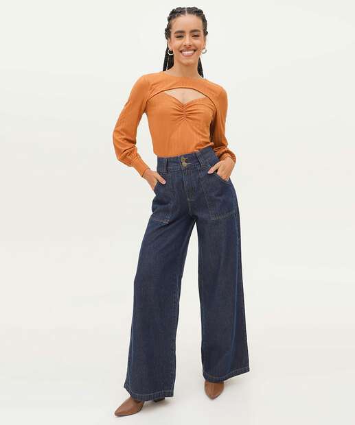 Calça Jeans Pantalona Feminina Bolsos Marisa