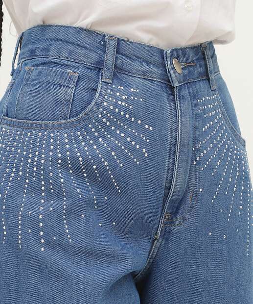 Calça Mom Jeans Detalhe Brilho Strass