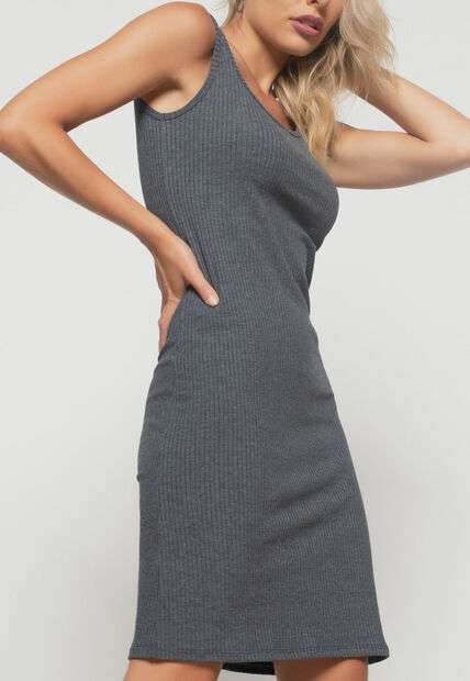 Vestido  Curto Com Alças Canelado Grafite