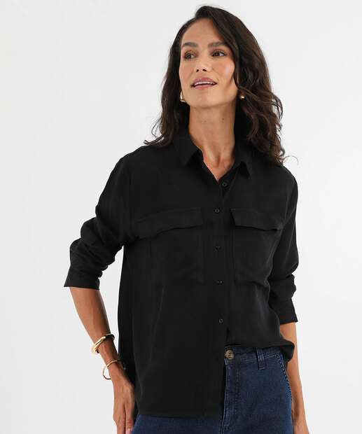 Image_Camisa Feminina Bolso Lapela Manga Longa Marisa Preto
