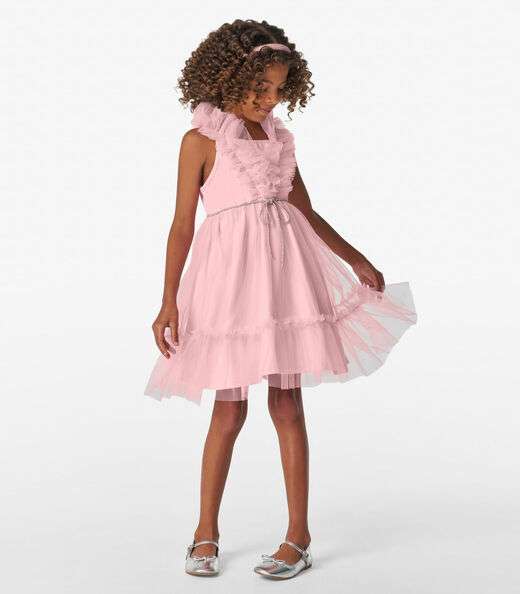 Vestido em Cotton Leve e Tule Trick Nick Rosa