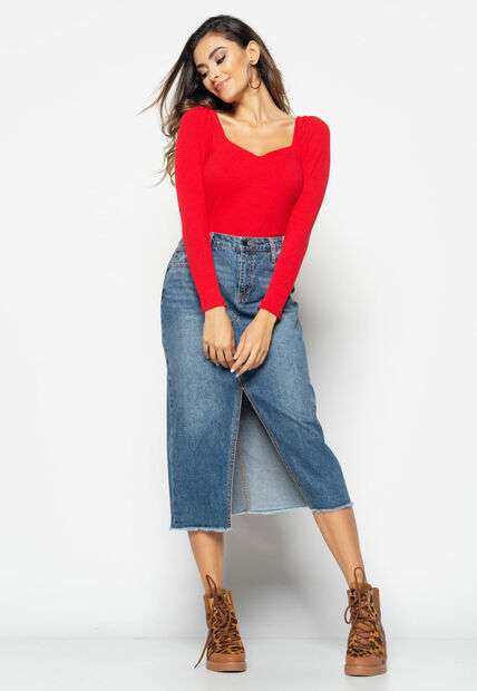 Blusa  Princesa Decote Coração Malha Canelada Vermelho