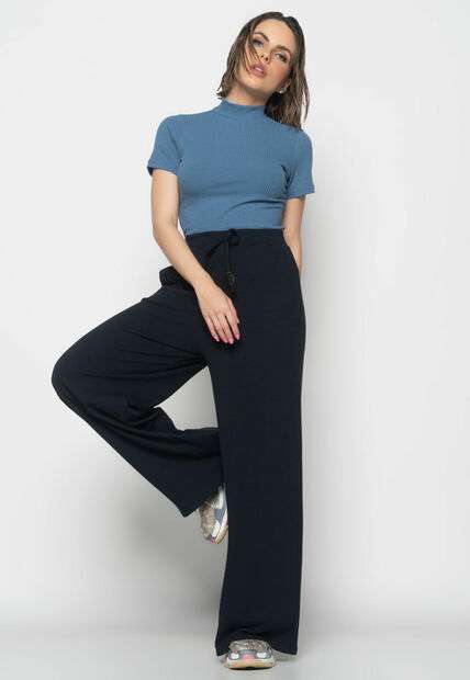 Blusa  Gola Alta Malha Canelada Azul Claro