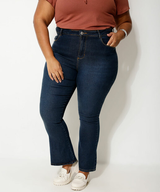 Calça Plus Size Feminina Jeans Flare Bolsos Marisa