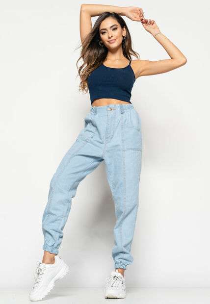 Cropped  Alça Fina Canelado Azul Salvatore Fashion