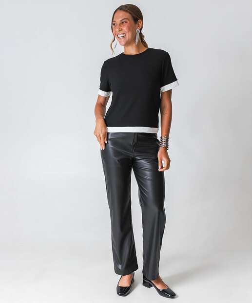 Blusa Feminina Bicolor Manga Curta Marisa Preto