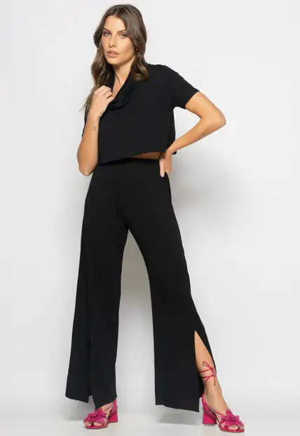 Conjunto Cropped Golão E Calça Fenda Frontal Malha Preto Salvatore