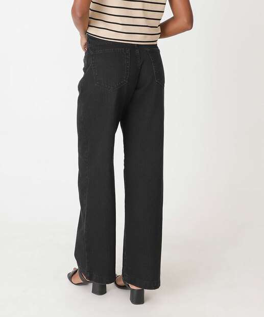 Calça Jeans Wide Leg Cinto Feminina Marisa Preto