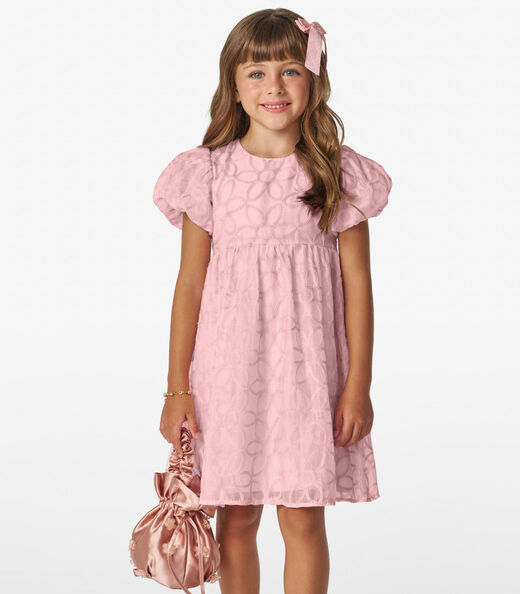 Vestido em Poly Bordado Viscose Khyara Trick Nick Rosa