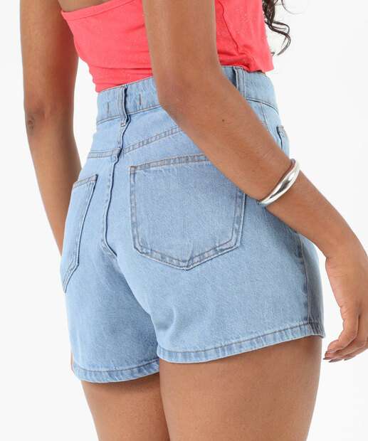 Short Feminino Jeans Strass Bolsos Azul