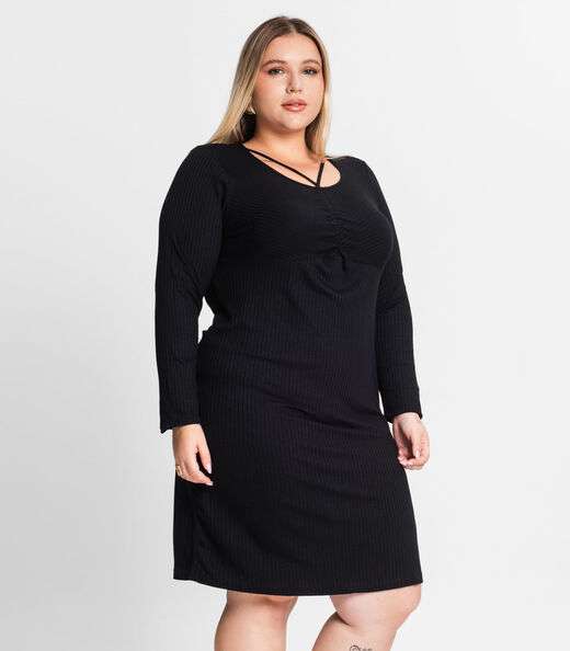 Vestido Plus Size Em Ribana Canelada Secret Glam Preto