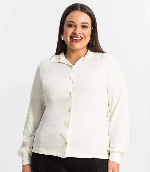 Camisa Plus Size Manga Longa Feminina Secret Glam Bege