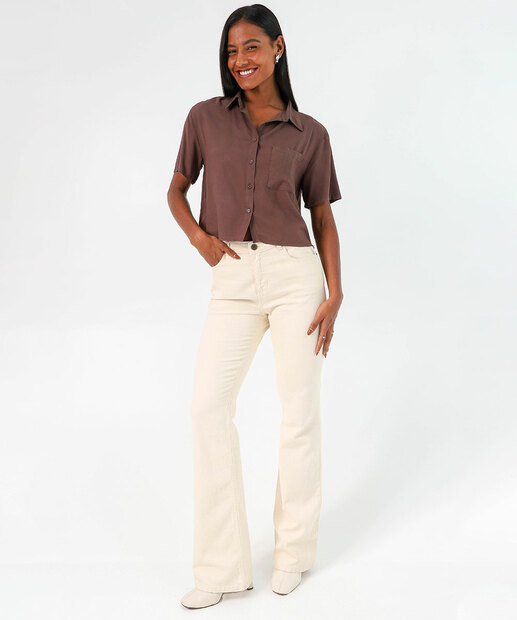Camisa Feminina Cropped Manga Curta Marisa Marrom