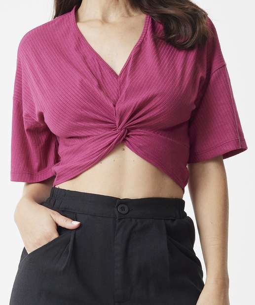 Blusa Cropped Feminina Canelada Drapeado Manga Curta
