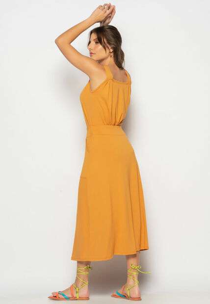 Conjunto Regata Drapeada e Saia Midi Malha Caramelo Salvatore