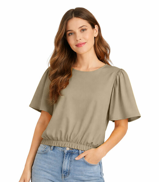 Image_Blusa Feminina Com Franzido Na Manga Infinita Cor Bege