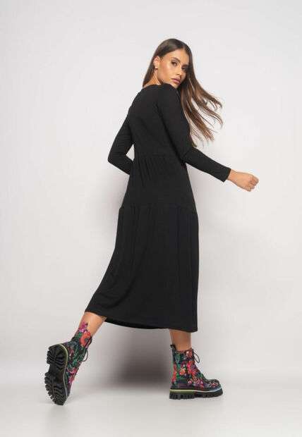 Vestido Midi Manga Longa Com Babado Malha Preto Salvatore