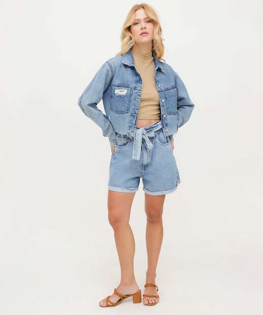 Short Jeans Feminino Clochard Cintura Alta Bolsos