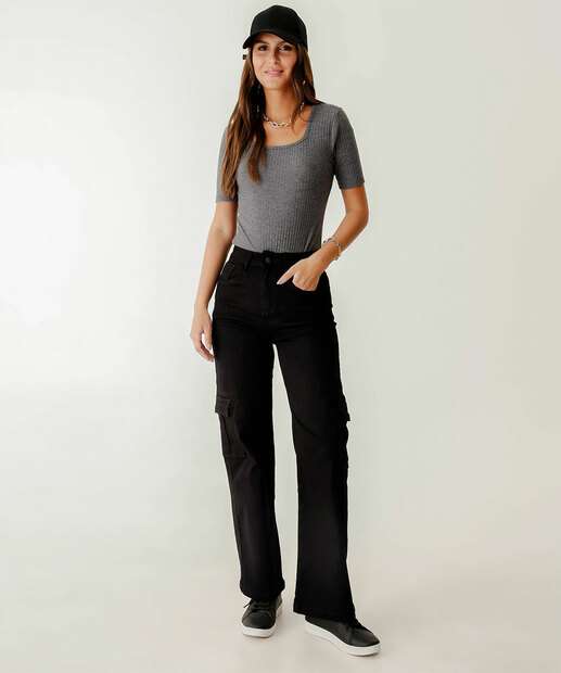Calça Sarja Wide Leg Bolsos Cargo Feminina  Biotipo