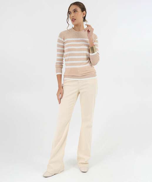 Suéter Feminino Tricô Listrado Pérolas Marisa Bege