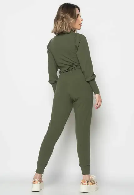 Conjunto Comfy Com Blusa Princesa M/L e Jogger Canelado Verde Musgo Salvatore