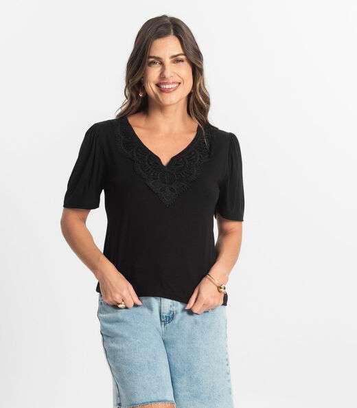 Blusa Feminina Manga Curta Viscotorcion Select Preto