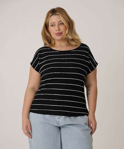 Blusa Plus Size Feminina Listrada Manga Curta Marisa