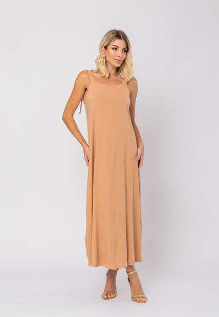 Vestido Midi Viscolinho Premium com Alças Bege Salvatore