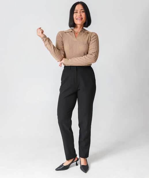 Suéter Feminino Polo Textura Manga Longa Marisa Bege