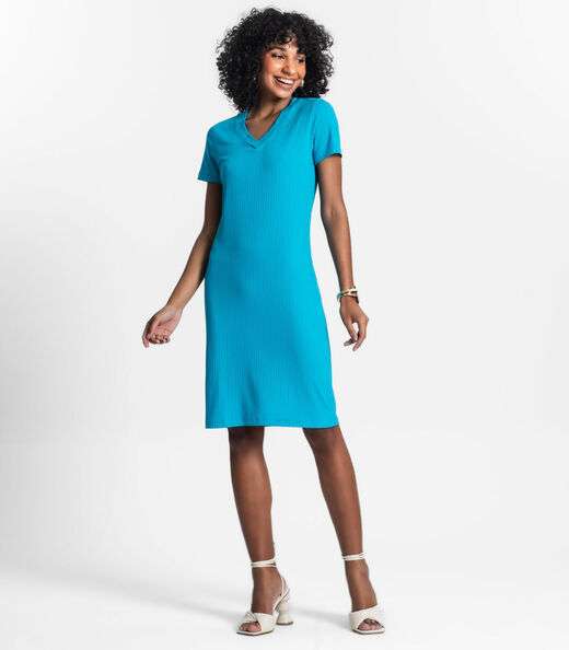Vestido Feminino Em Ribana Canelada Rovitex Azul