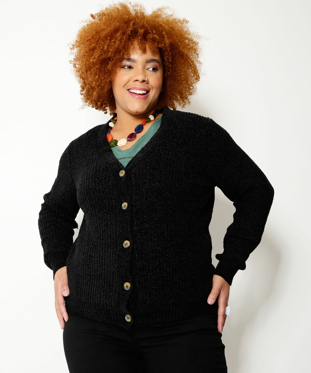 Em V Decote Size Plus Feminino Básico Cardigan 黒 Mサイズ Cardigan Bicolor Multi-Layered Tricô Malwee - G1 Preto トップス