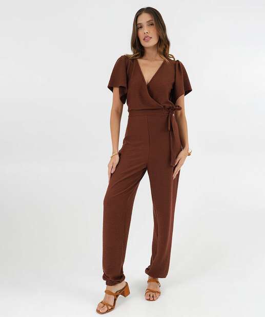 Macacão Feminino Jogger Amarração Marisa Marrom