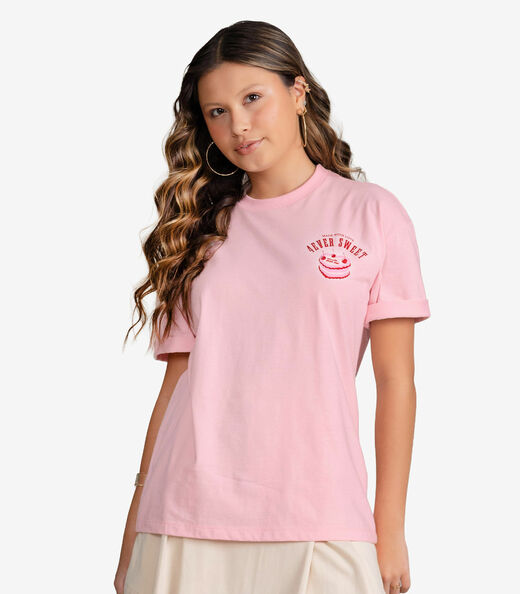 Image_T-Shirt Feminina Meia Malha Com Estampa Minty Rosa