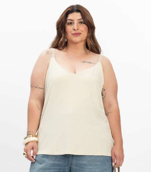 Blusa de Alça Feminina Plus Size Secret Glam Bege