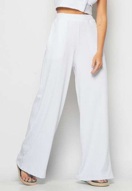 Conjunto Cropped Laço e Wide Leg Canelado Branco Salvatore