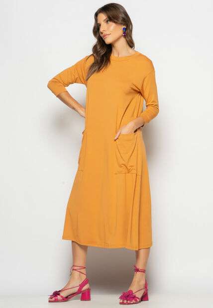 Image_Vestido Midi Com Bolsos E Manga 7/8 Caramelo Salvatore