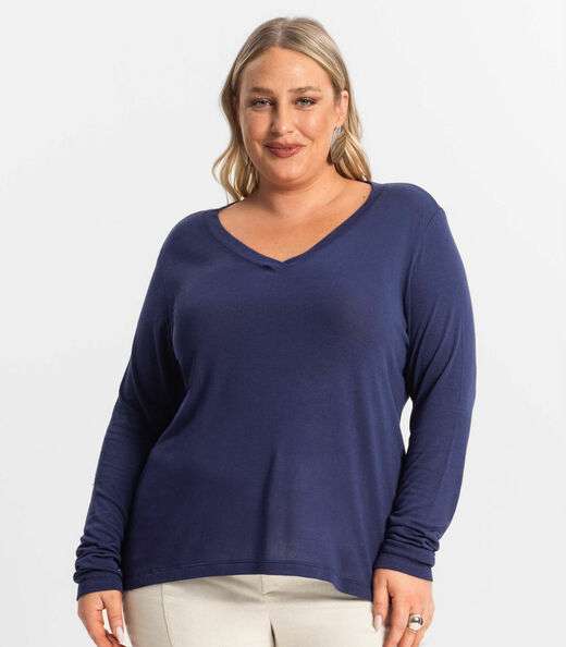 Blusa Manga Longa Visco Tricot Secret Glam Azul