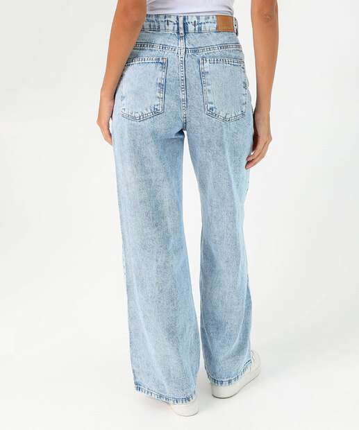 Calça Jeans Wide Leg Marmorizada Bolsos Feminina Azul