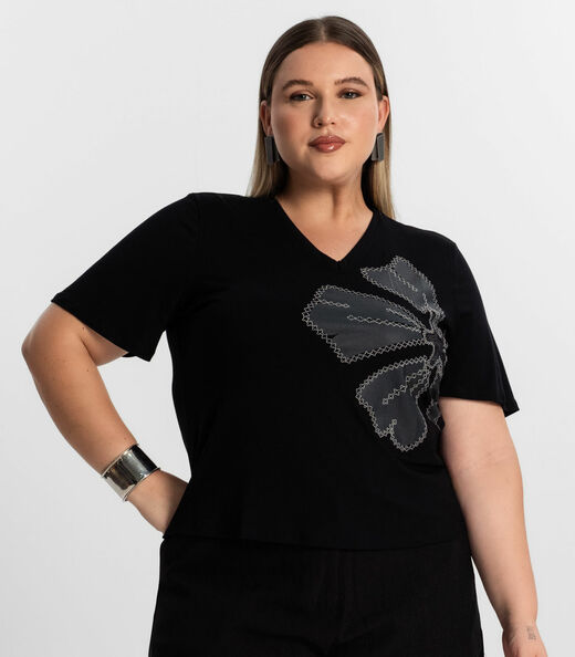 Blusa Feminina Plus Size Manga Evasê Secret Glam Preto