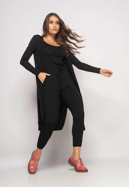Conjunto Com Kimono, Regata e Jogger Malha Preto Salvatore