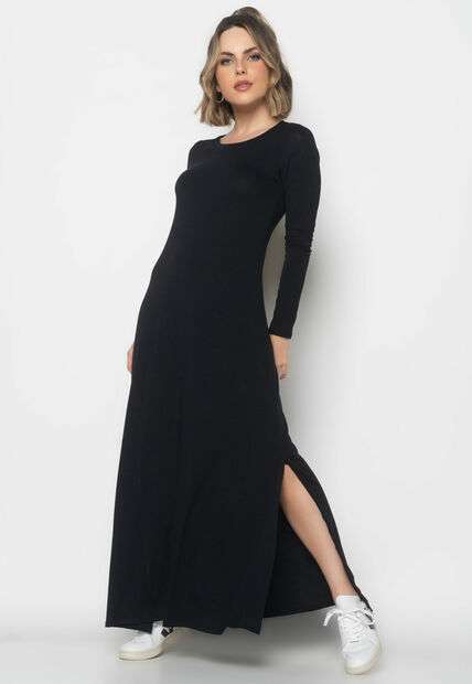 Image_Vestido Longo Manga Longa Malha  Fashion Preto
