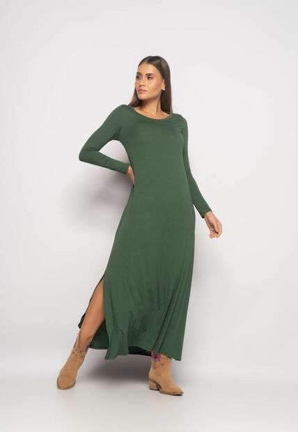 Vestido Longo Manga Longa Malha Verde Salvatore Fashion