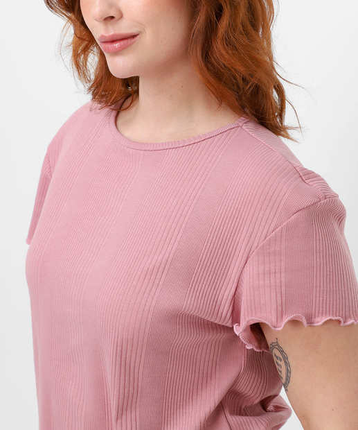 Blusa Plus Size Feminina Canelada Frufru Marisa Rosa